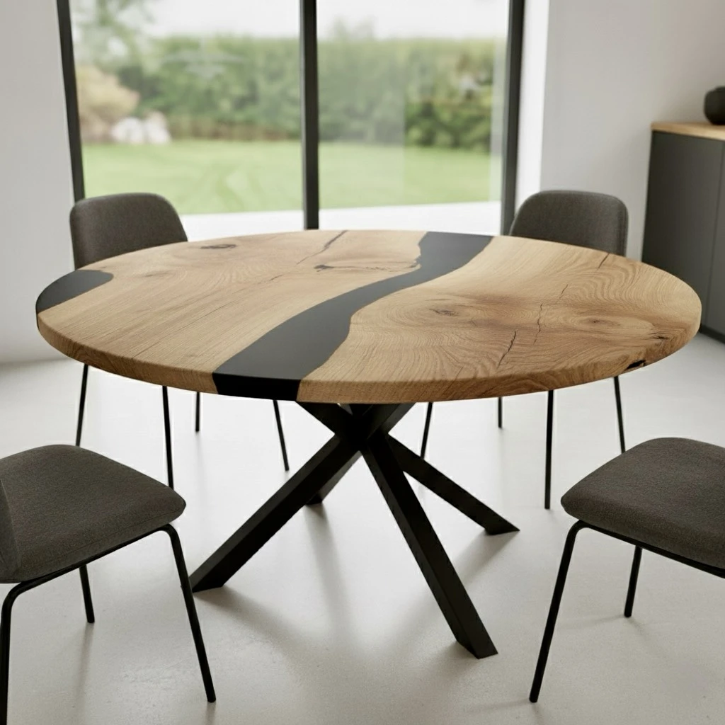 Jedálenský dubový stôl, okrúhly, čierna epoxidová živica, Ø120 cm