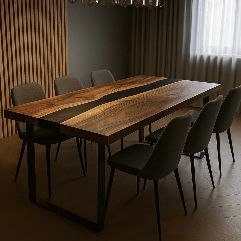 Jedálenský orechový stôl, epoxidová rieka uprostred, kovové nohy, 160 × 80 cm